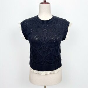 NEW Elie Tahari Sweater Womens XS Black Crochet Preppy Old Money Dainty Feminine